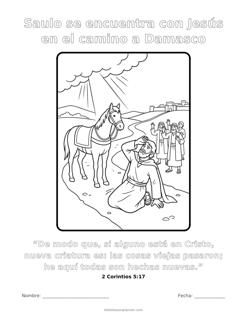 Dibujo para colorear: Saulo se encuentra con Jesús en el camino a Damasco, para imprimir, con el versículo 2 Corintios 5:17