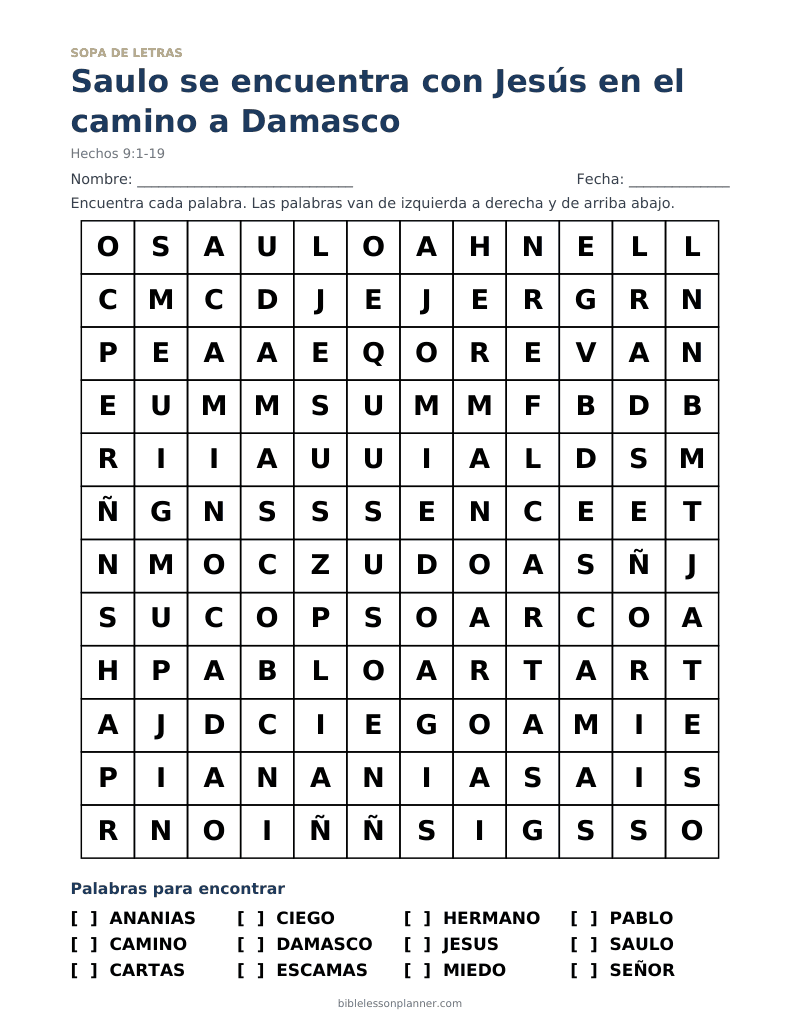 Sopa de letras bíblica: Saulo se encuentra con Jesús en el camino a Damasco, para imprimir, con las palabras ANANIAS, CAMINO, CARTAS y más