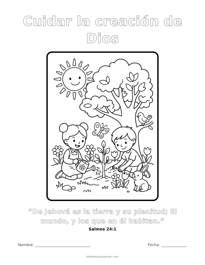 Dibujo para colorear: Cuidar la creación de Dios, para imprimir, con el versículo Salmos 24:1