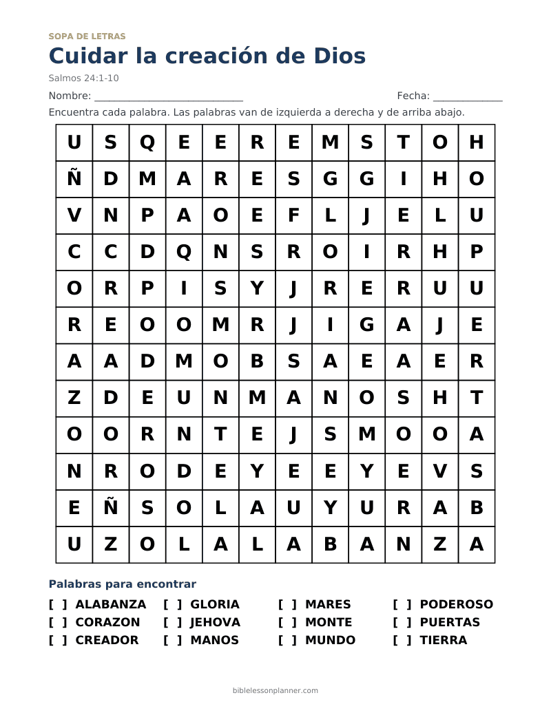 Sopa de letras bíblica: Cuidar la creación de Dios, para imprimir, con las palabras ALABANZA, CORAZON, CREADOR y más