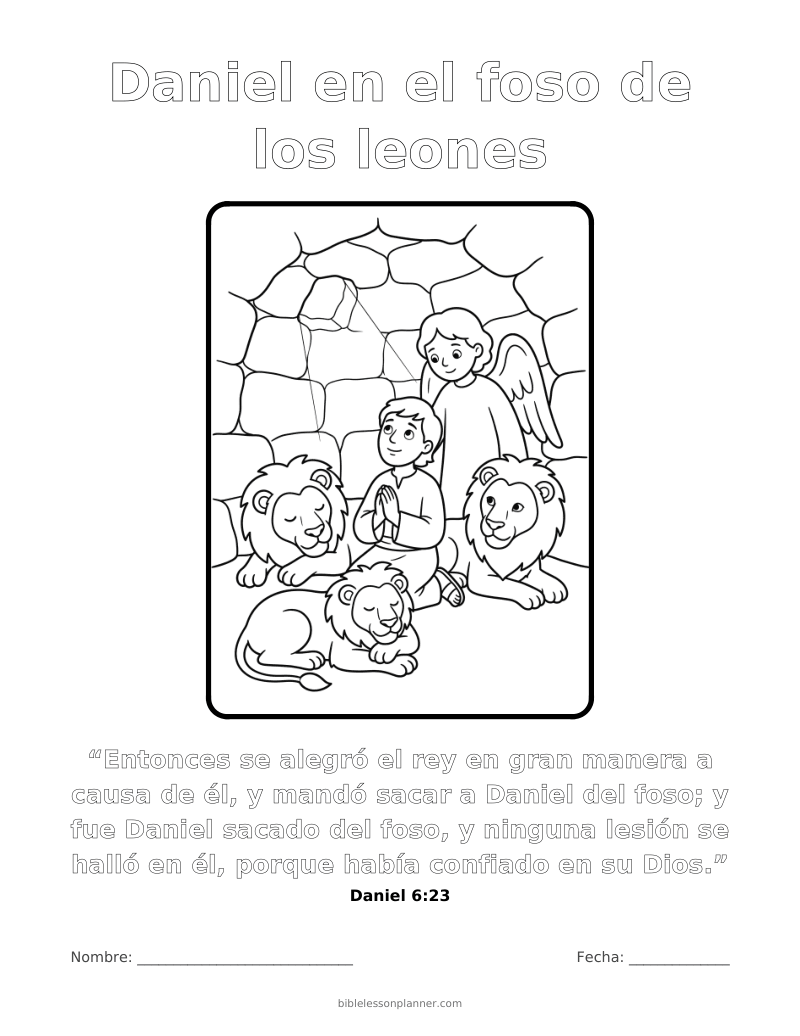Dibujo para colorear de Daniel en el foso de los leones, para imprimir, con el versículo Daniel 6:23
