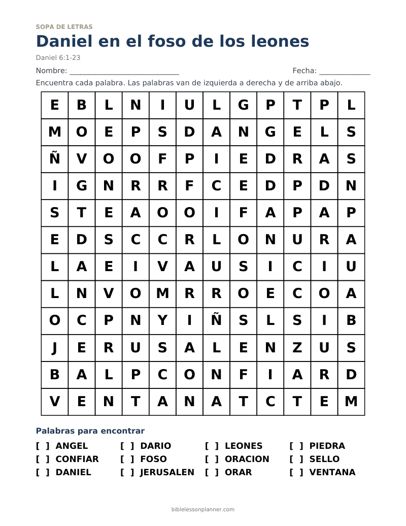 Sopa de letras bíblica de Daniel en el foso de los leones, para imprimir, con las palabras ANGEL, CONFIAR, DANIEL y más