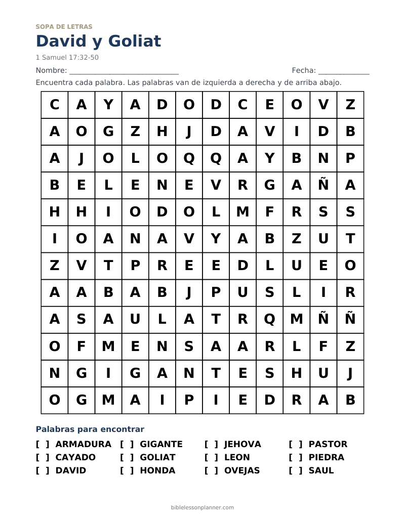 Sopa de letras bíblica de David y Goliat, para imprimir, con las palabras ARMADURA, CAYADO, DAVID y más