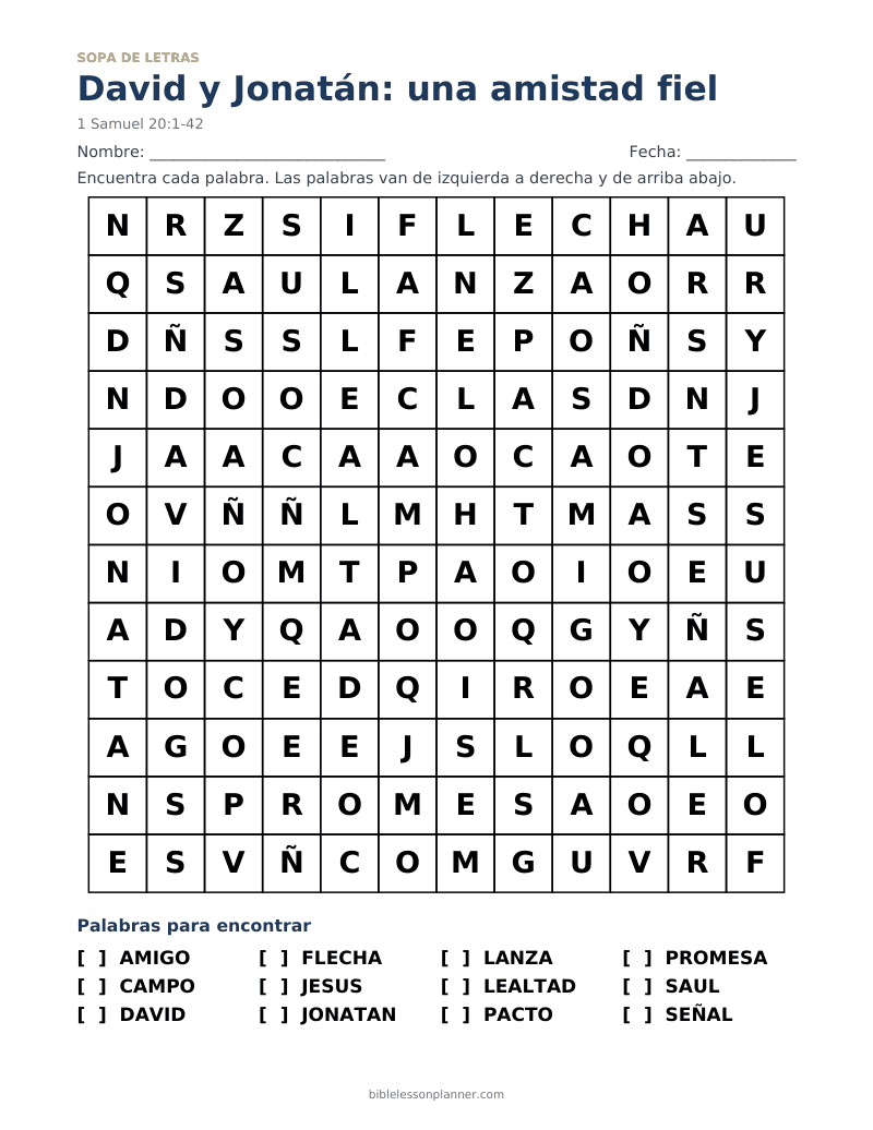 Sopa de letras bíblica: David y Jonatán - una amistad fiel, para imprimir, con las palabras AMIGO, CAMPO, DAVID y más