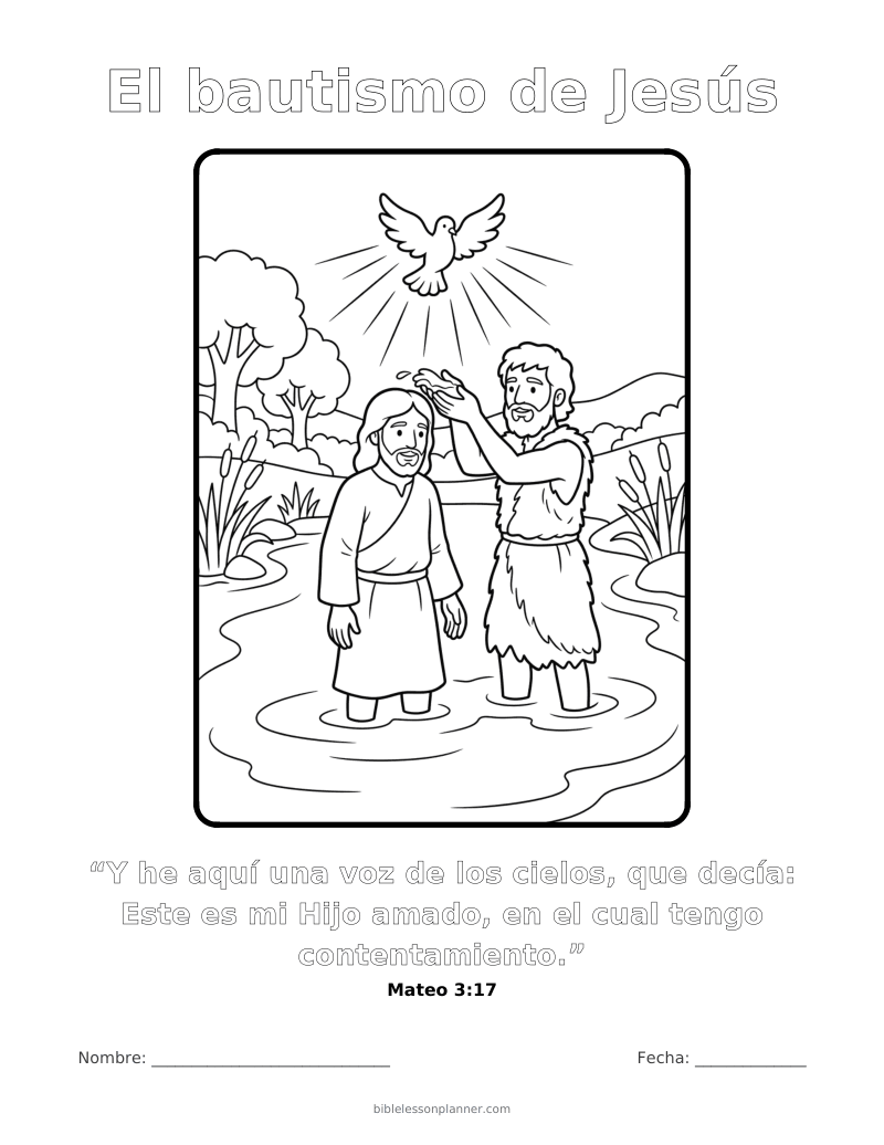 Dibujo para colorear del bautismo de Jesús, para imprimir, con el versículo Mateo 3:17