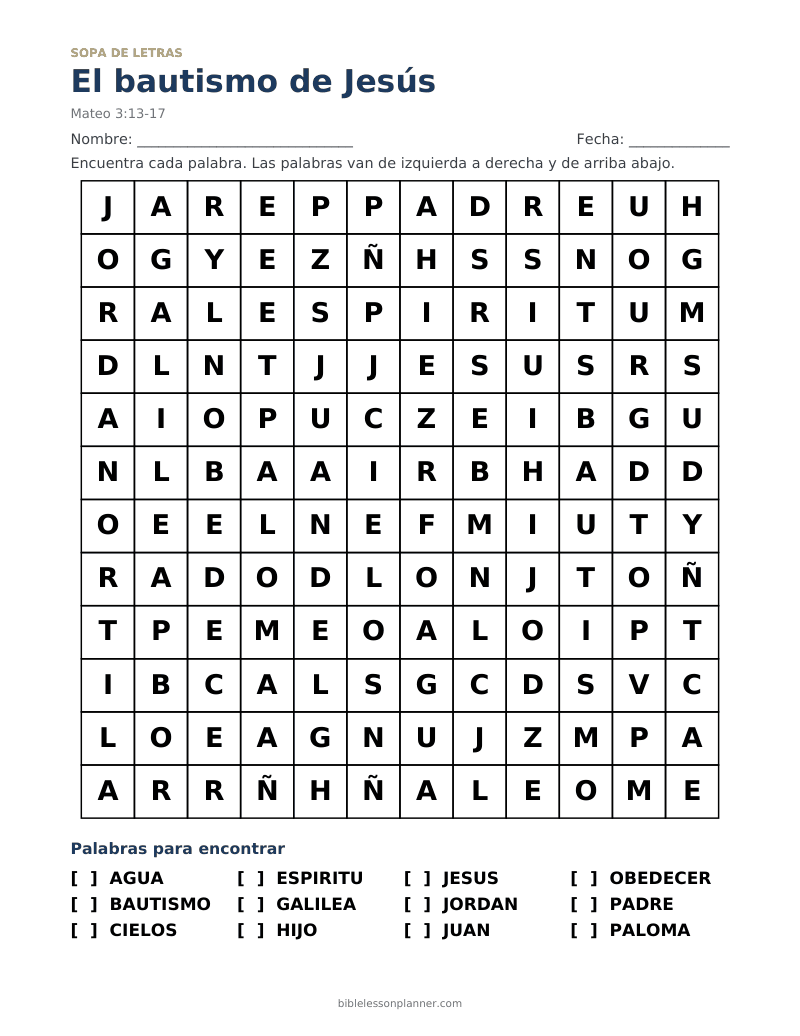 Sopa de letras bíblica del bautismo de Jesús, para imprimir, con las palabras AGUA, BAUTISMO, CIELOS y más