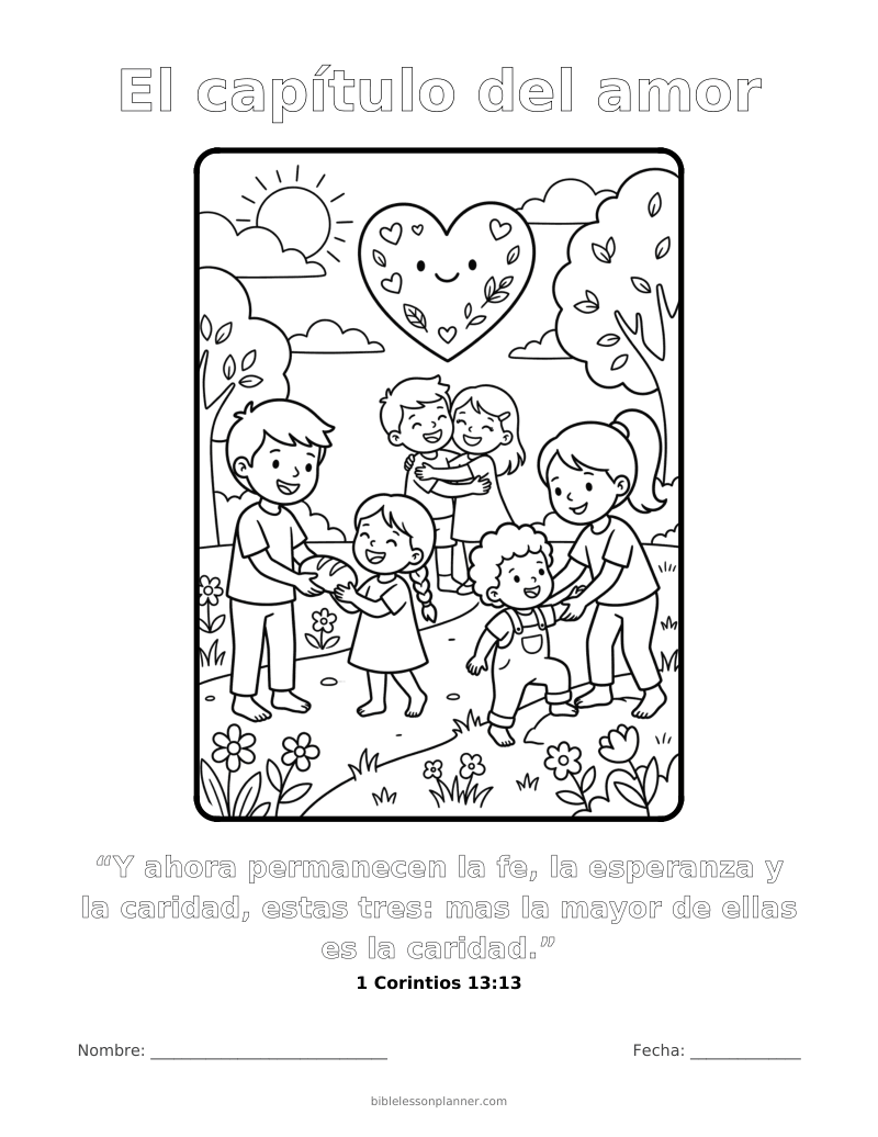 Dibujo para colorear del capítulo del amor, para imprimir, con el versículo 1 Corintios 13:13