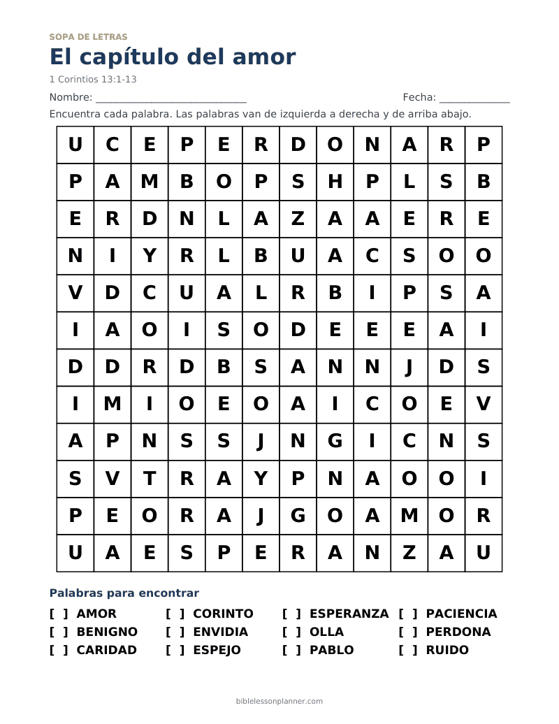 Sopa de letras bíblica del capítulo del amor, para imprimir, con las palabras AMOR, BENIGNO, CARIDAD y más