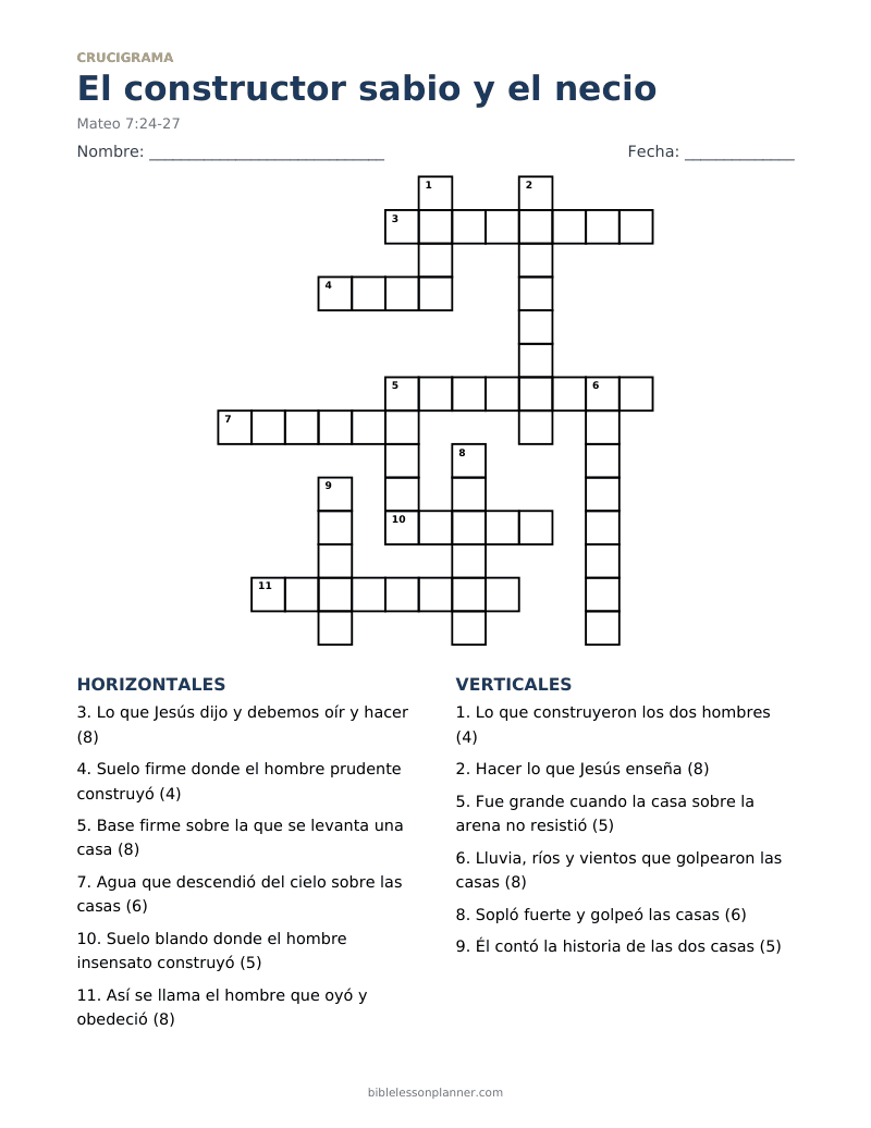 Crucigrama bíblico del constructor sabio y el necio, para imprimir, con pistas horizontales y verticales