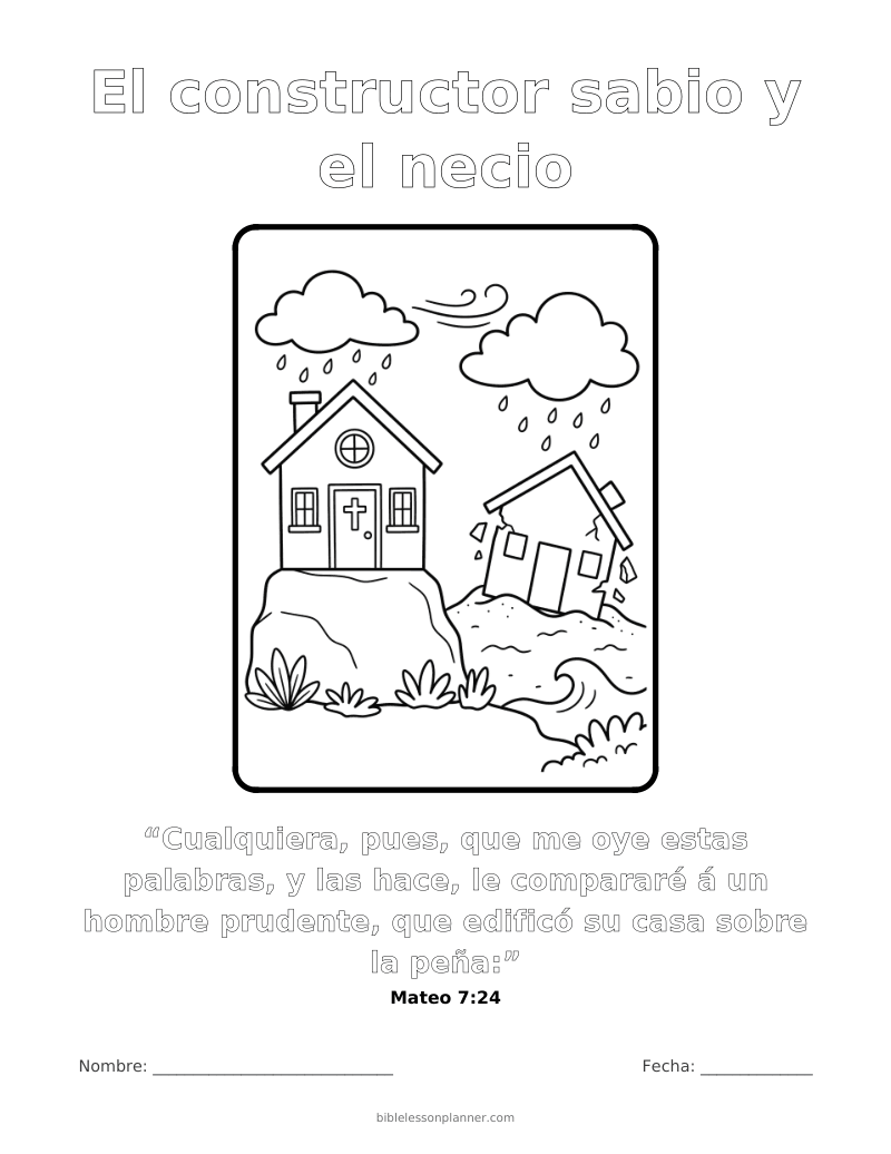 Dibujo para colorear del constructor sabio y el necio, para imprimir, con el versículo Mateo 7:24