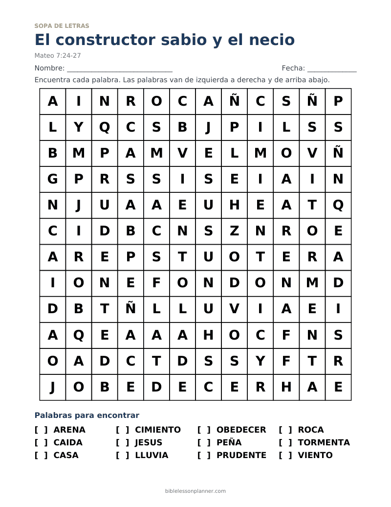 Sopa de letras bíblica del constructor sabio y el necio, para imprimir, con las palabras ARENA, CAIDA, CASA y más