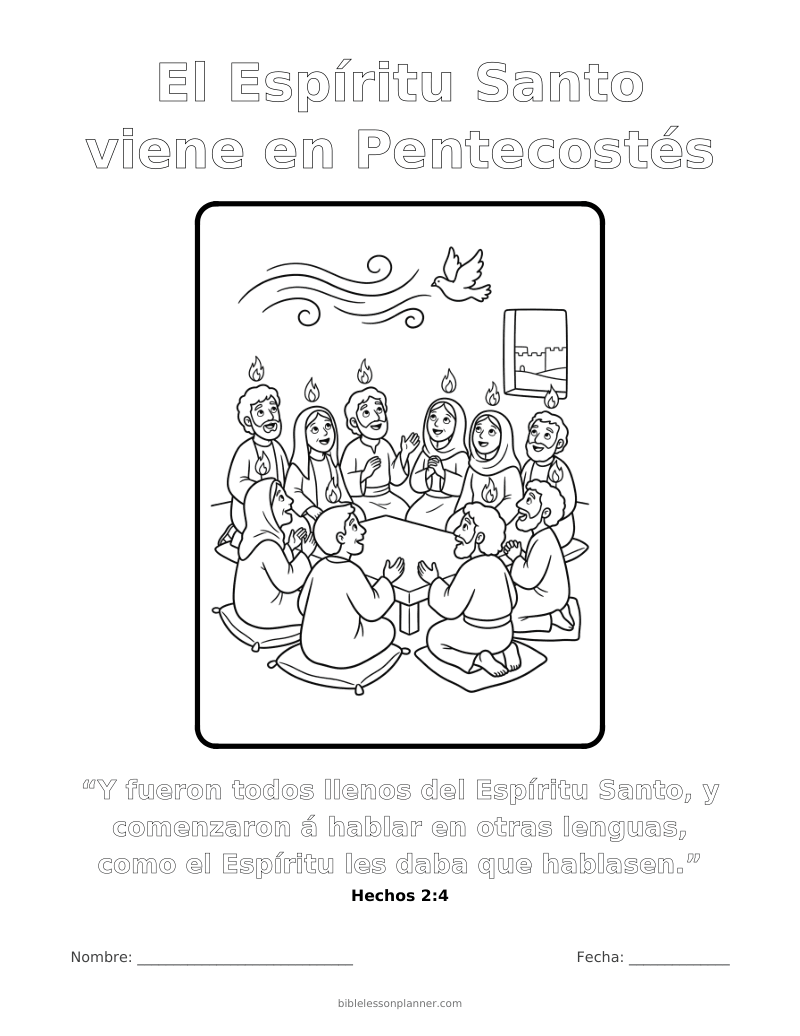 Dibujo para colorear: El Espíritu Santo viene en Pentecostés, para imprimir, con el versículo Hechos 2:4