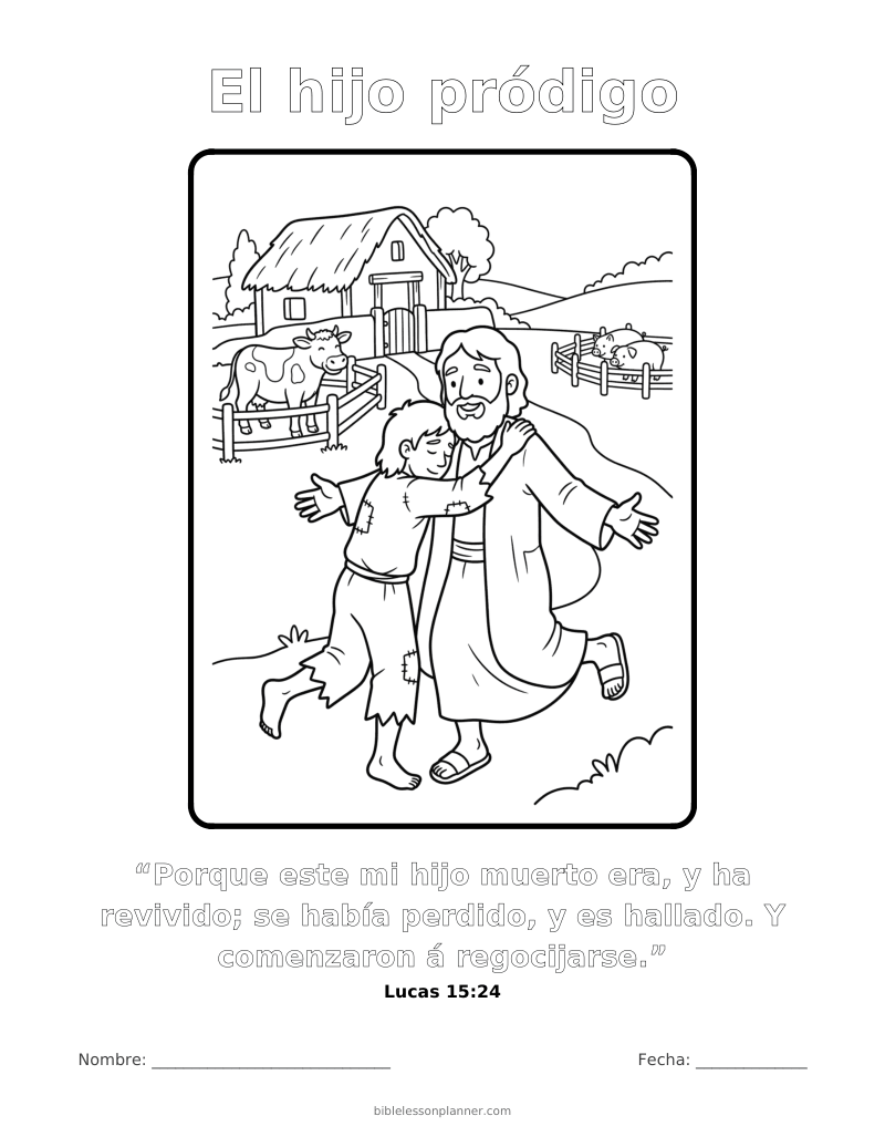Dibujo para colorear del hijo pródigo, para imprimir, con el versículo Lucas 15:24