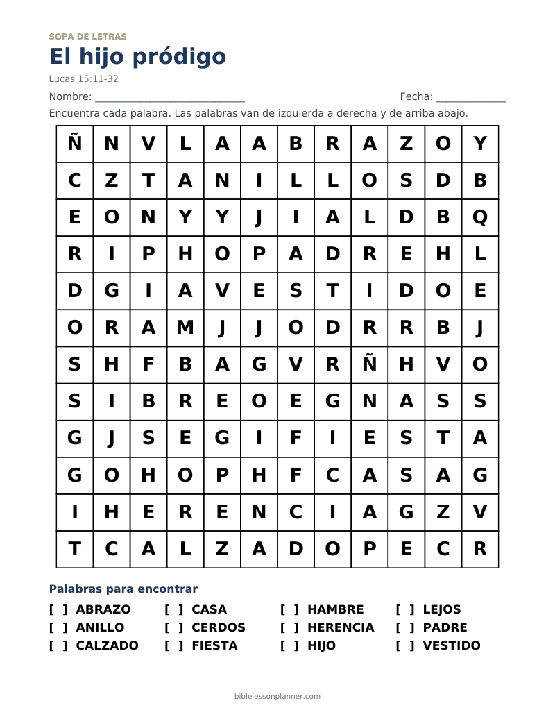 Sopa de letras bíblica del hijo pródigo, para imprimir, con las palabras ABRAZO, ANILLO, CALZADO y más