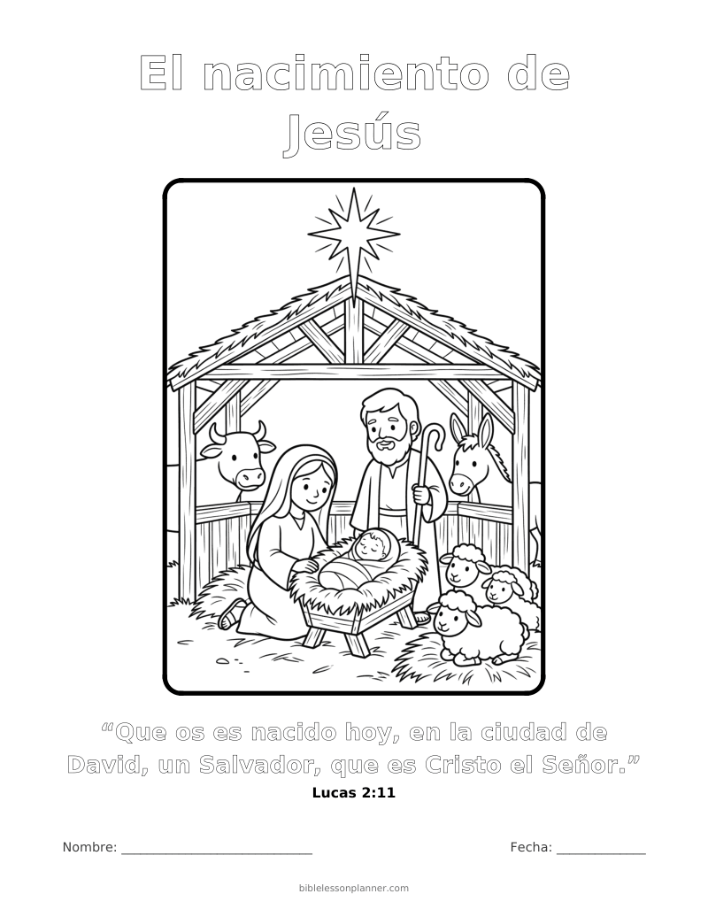 Dibujo para colorear del nacimiento de Jesús, para imprimir, con el versículo Lucas 2:11