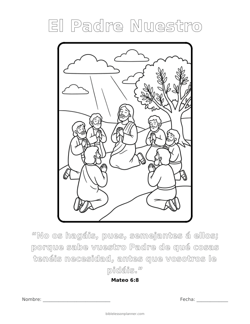 Dibujo para colorear del Padre Nuestro, para imprimir, con el versículo Mateo 6:8
