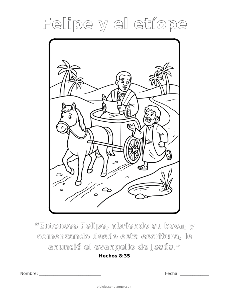 Dibujo para colorear de Felipe y el etíope, para imprimir, con el versículo Hechos 8:35