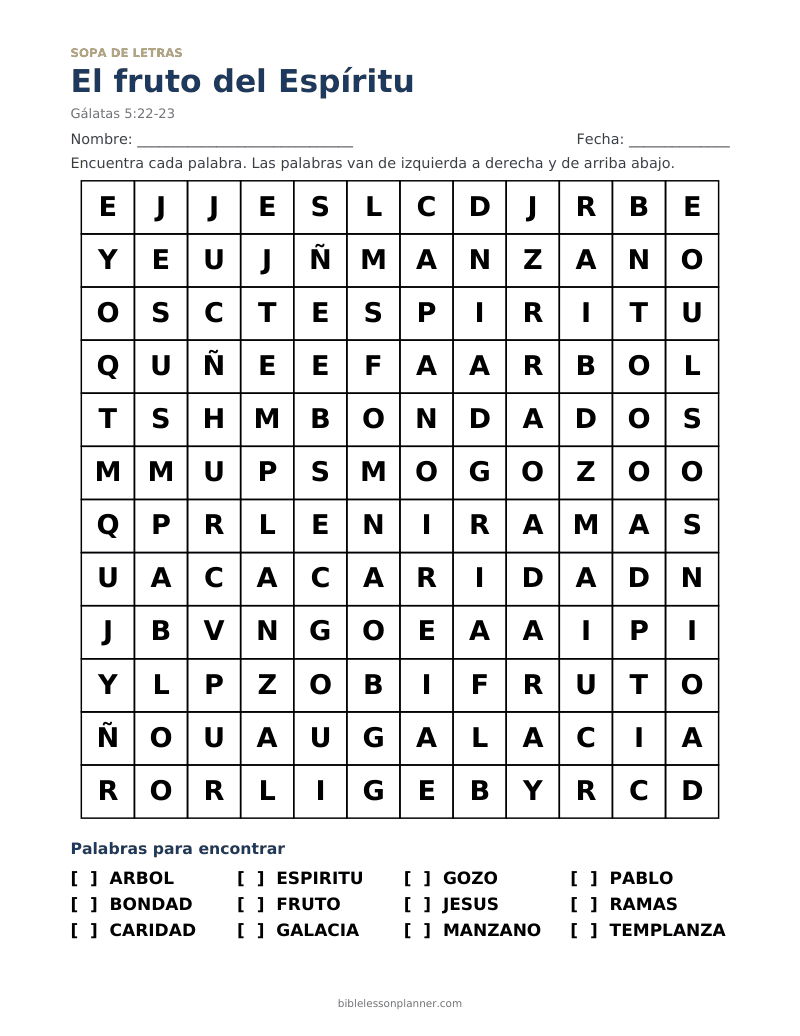 Sopa de letras bíblica del fruto del Espíritu, para imprimir, con las palabras ARBOL, BONDAD, CARIDAD y más