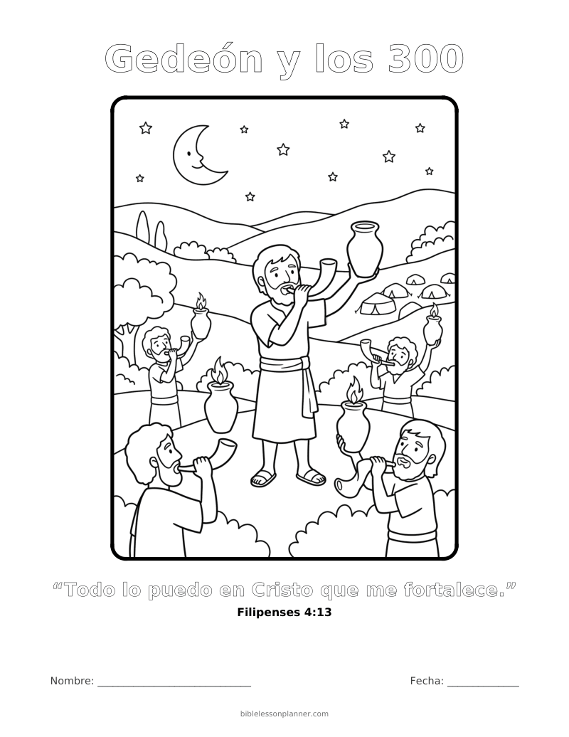 Dibujo para colorear de Gedeón y los 300, para imprimir, con el versículo Filipenses 4:13