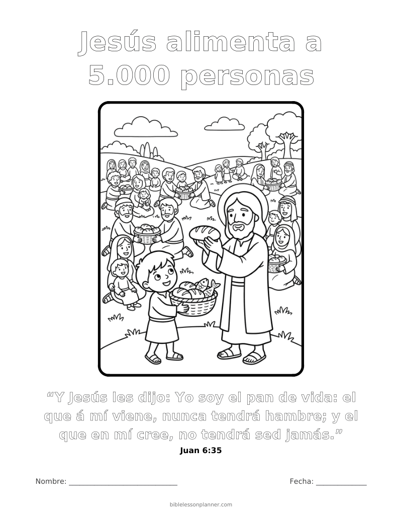 Dibujo para colorear: Jesús alimenta a 5.000 personas, para imprimir, con el versículo Juan 6:35