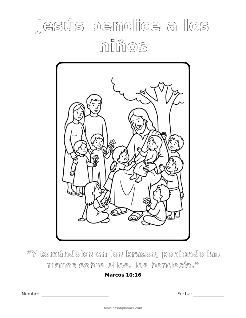Dibujo para colorear: Jesús bendice a los niños, para imprimir, con el versículo Marcos 10:16
