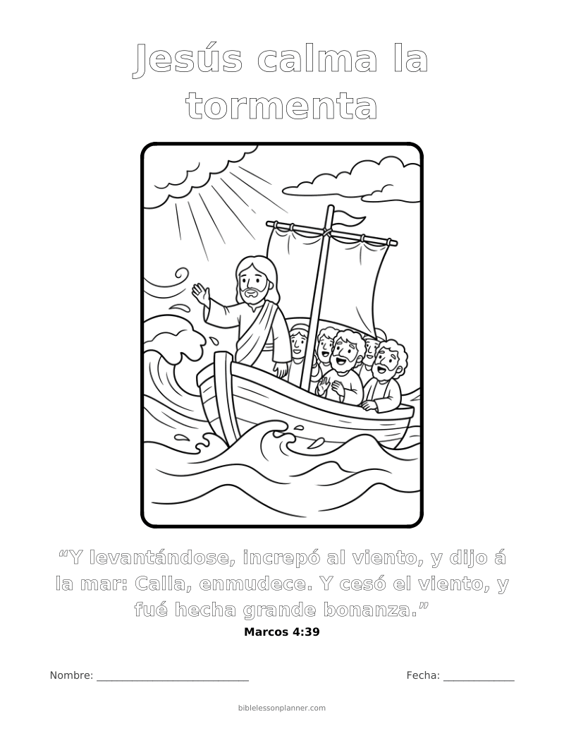 Dibujo para colorear: Jesús calma la tormenta, para imprimir, con el versículo Marcos 4:39