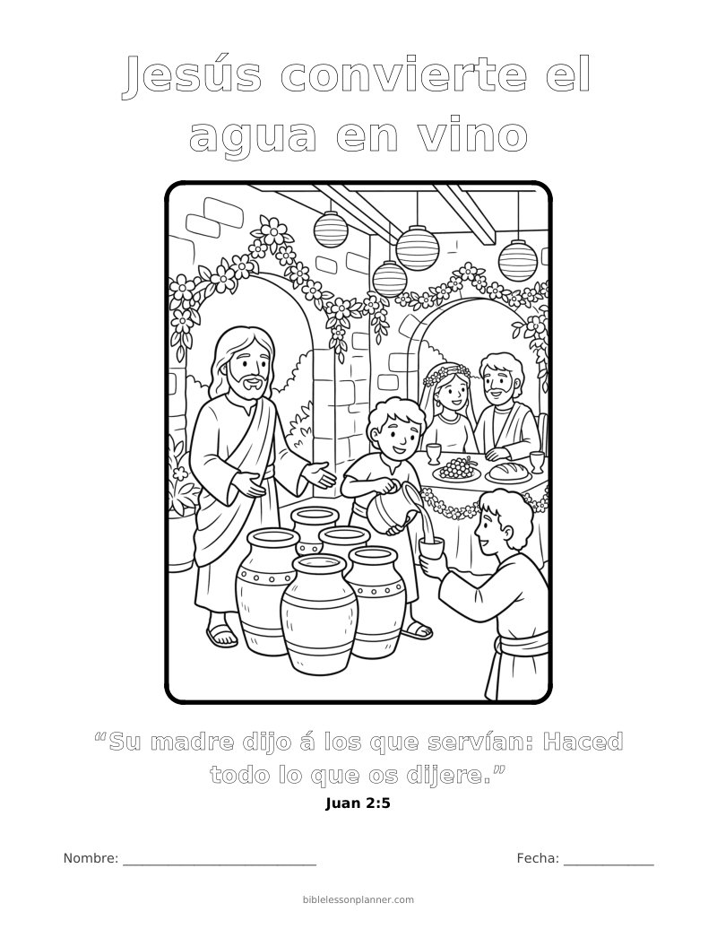 Dibujo para colorear: Jesús convierte el agua en vino, para imprimir, con el versículo Juan 2:5