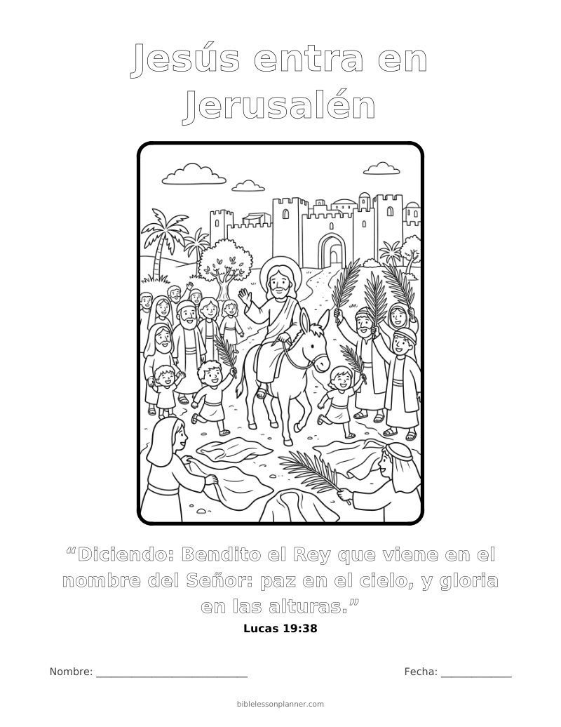 Dibujo para colorear: Jesús entra en Jerusalén, para imprimir, con el versículo Lucas 19:38
