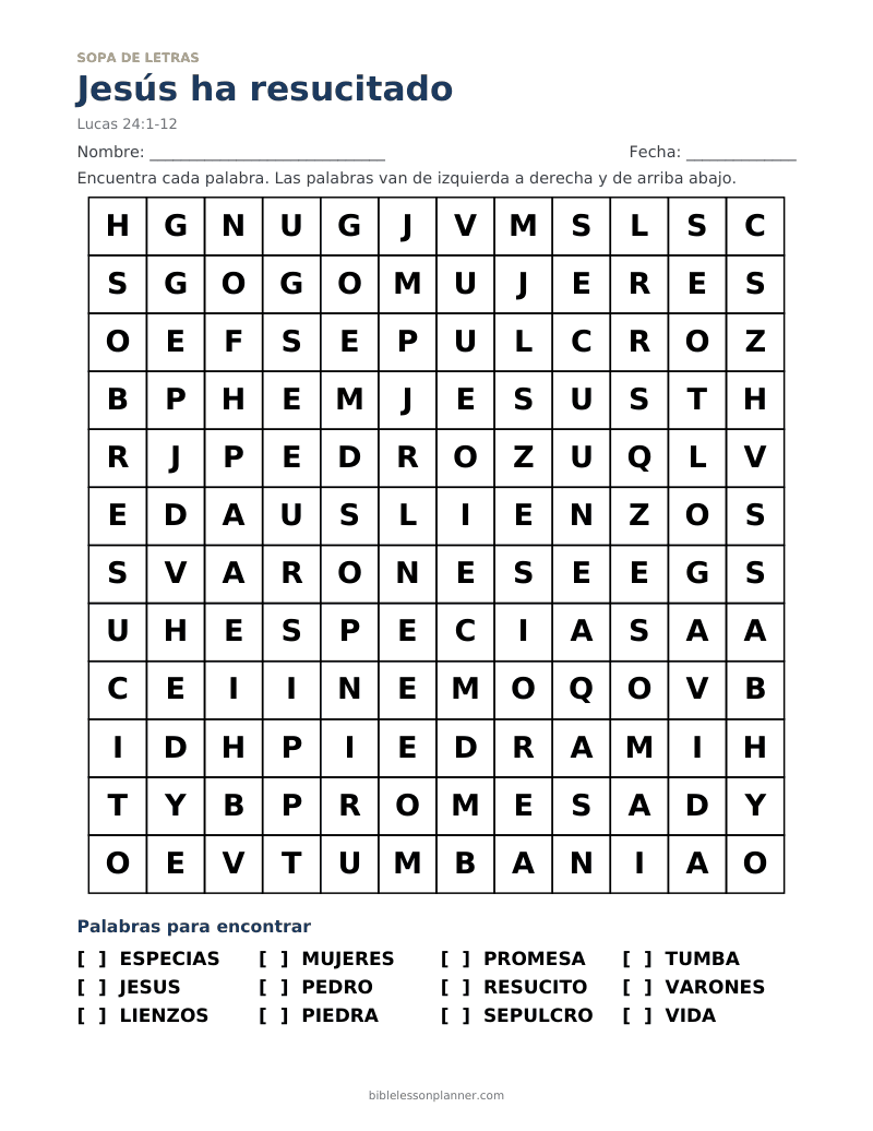 Sopa de letras bíblica: Jesús ha resucitado, para imprimir, con las palabras ESPECIAS, JESUS, LIENZOS y más