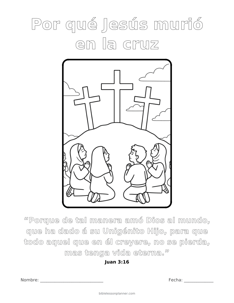 Dibujo para colorear de Por qué Jesús murió en la cruz, para imprimir, con el versículo Juan 3:16