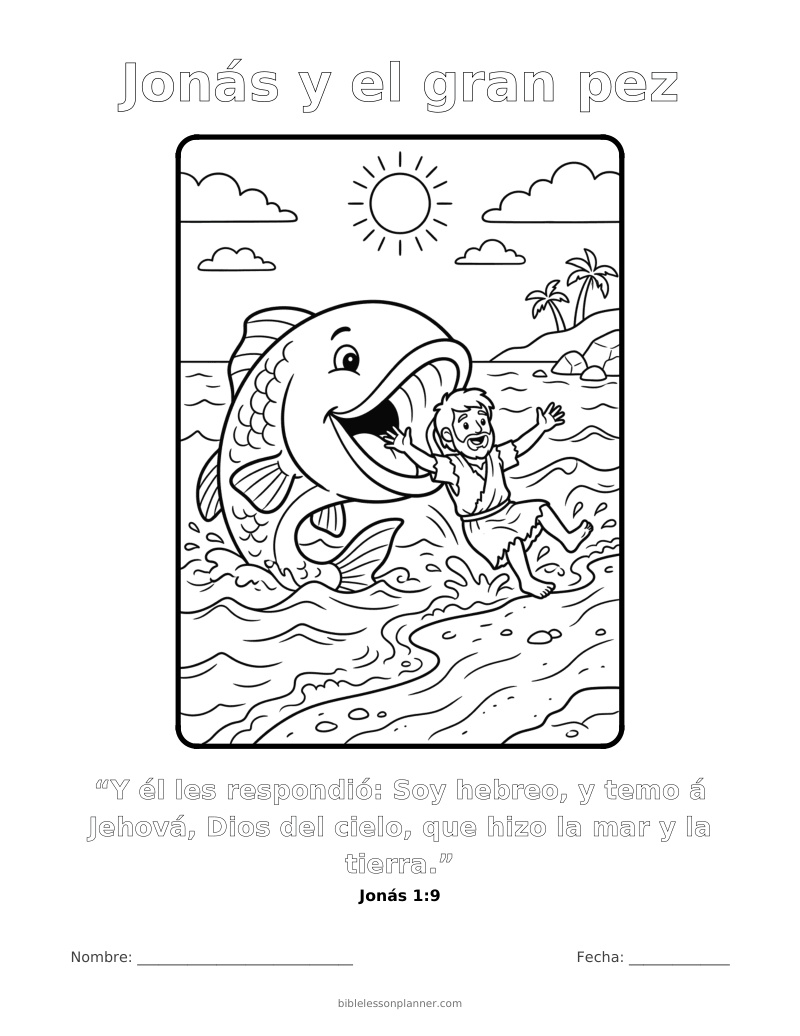 Dibujo para colorear de Jonás y el gran pez, para imprimir, con el versículo Jonás 1:9