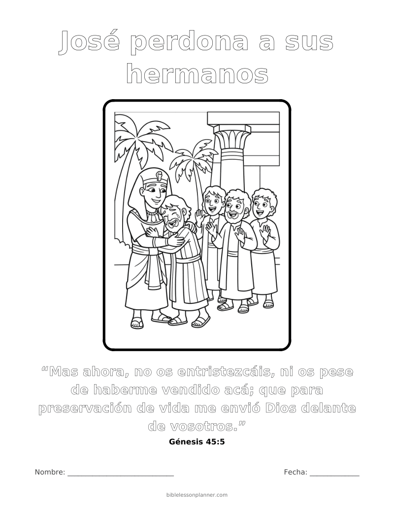 Dibujo para colorear: José perdona a sus hermanos, para imprimir, con el versículo Génesis 45:5