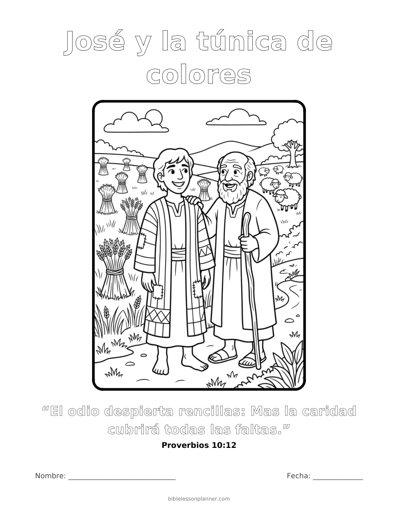 Dibujo para colorear de José y la túnica de colores, para imprimir, con el versículo Proverbios 10:12
