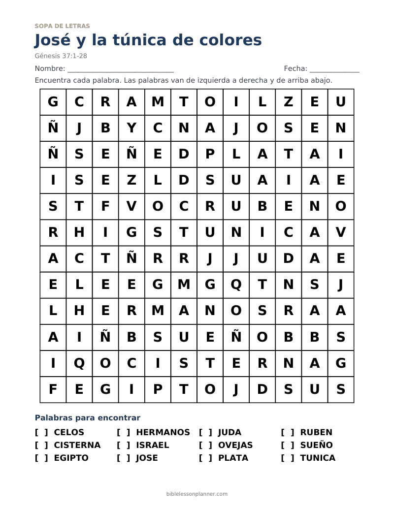 Sopa de letras bíblica de José y la túnica de colores, para imprimir, con las palabras CELOS, CISTERNA, EGIPTO y más