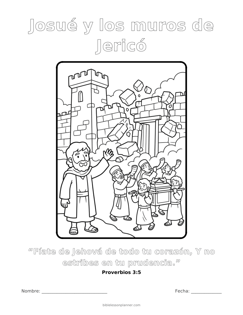 Dibujo para colorear de Josué y los muros de Jericó, para imprimir, con el versículo Proverbios 3:5