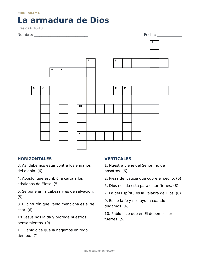 Crucigrama bíblico de la armadura de Dios, para imprimir, con pistas horizontales y verticales