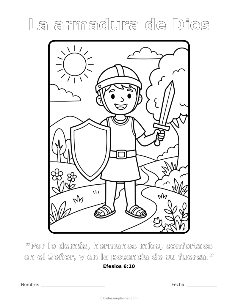 Dibujo para colorear de la armadura de Dios, para imprimir, con el versículo Efesios 6:10