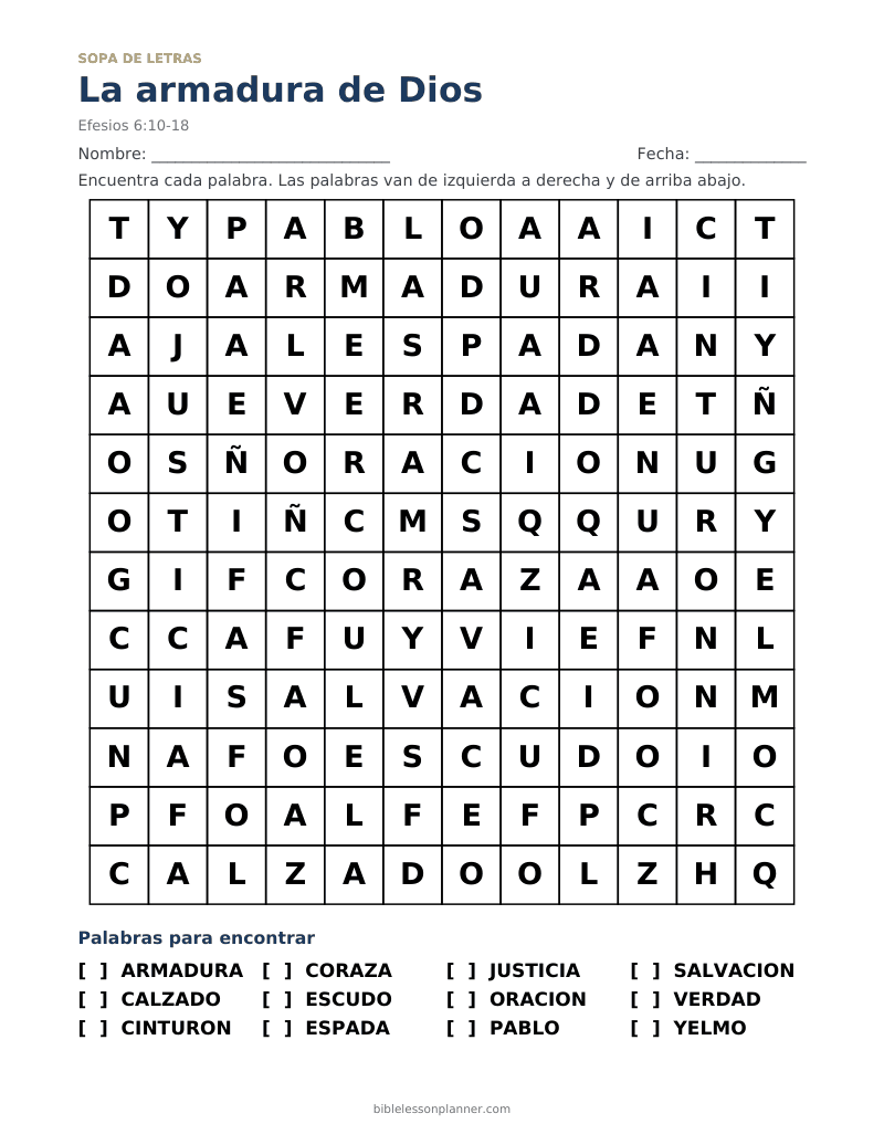 Sopa de letras bíblica de la armadura de Dios, para imprimir, con las palabras ARMADURA, CALZADO, CINTURON y más