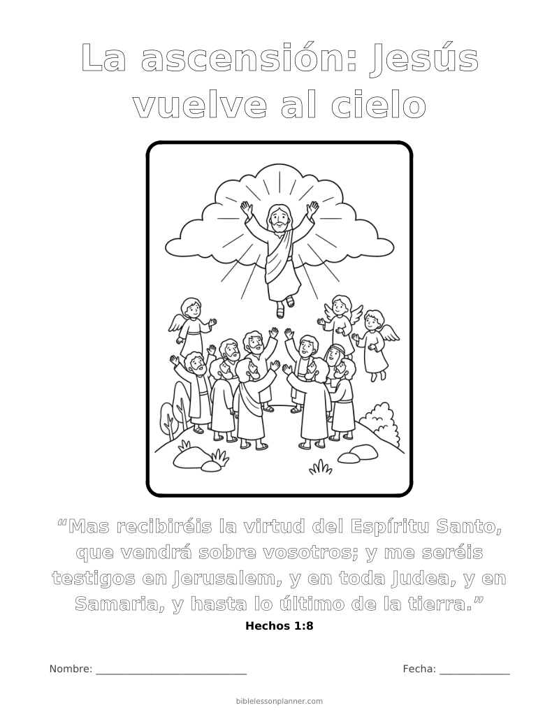 Dibujo para colorear: La ascensión - Jesús vuelve al cielo, para imprimir, con el versículo Hechos 1:8