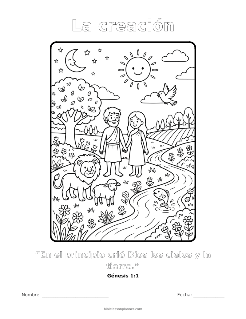 Dibujo para colorear de la creación, para imprimir, con el versículo Génesis 1:1