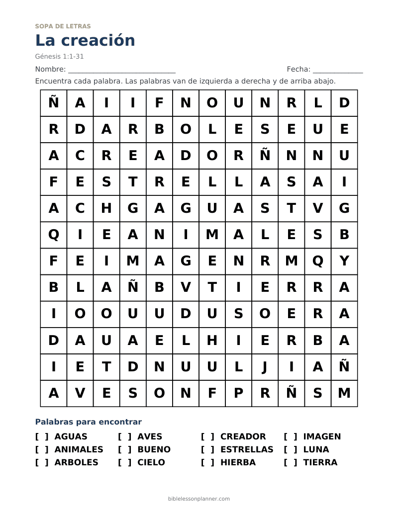 Sopa de letras bíblica de la creación, para imprimir, con las palabras AGUAS, ANIMALES, ARBOLES y más