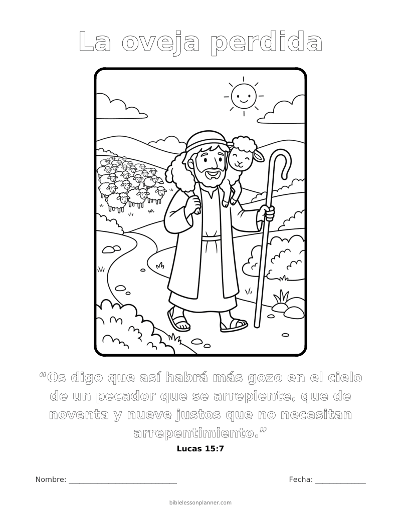 Dibujo para colorear de la oveja perdida, para imprimir, con el versículo Lucas 15:7