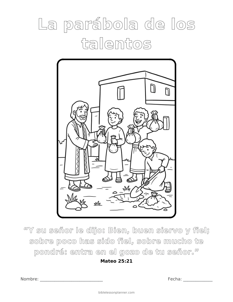 Dibujo para colorear de la parábola de los talentos, para imprimir, con el versículo Mateo 25:21