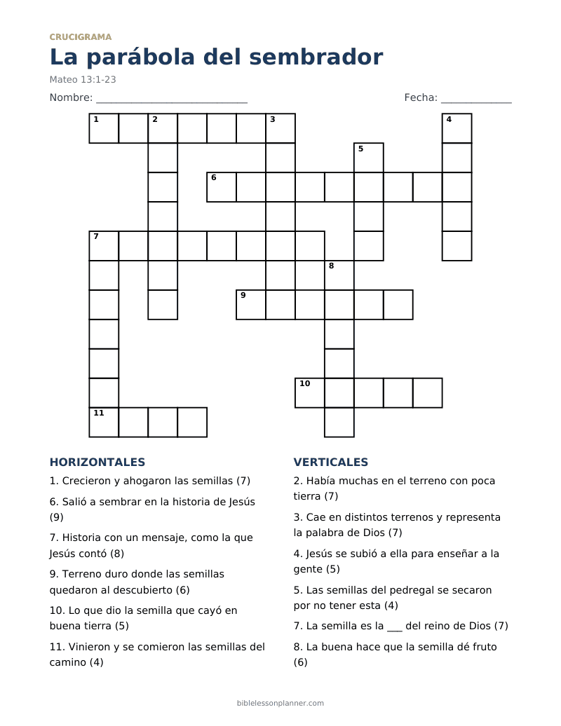 Crucigrama bíblico de la parábola del sembrador, para imprimir, con pistas horizontales y verticales