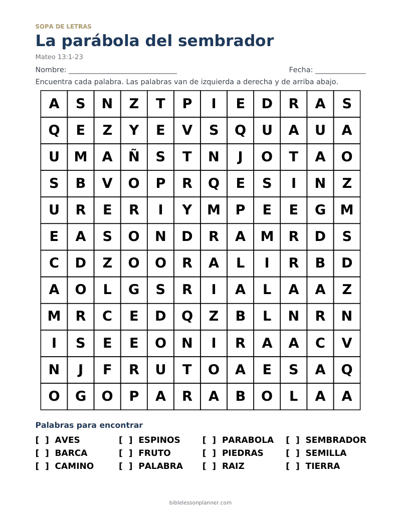 Sopa de letras bíblica de la parábola del sembrador, para imprimir, con las palabras AVES, BARCA, CAMINO y más