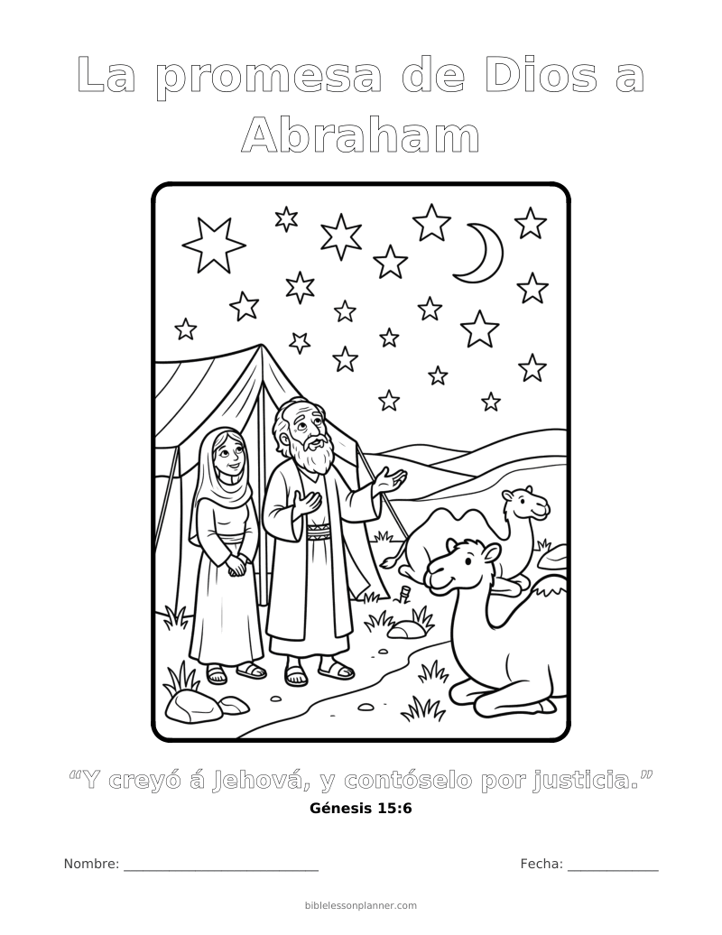 Dibujo para colorear de la promesa de Dios a Abraham, para imprimir, con el versículo Génesis 15:6