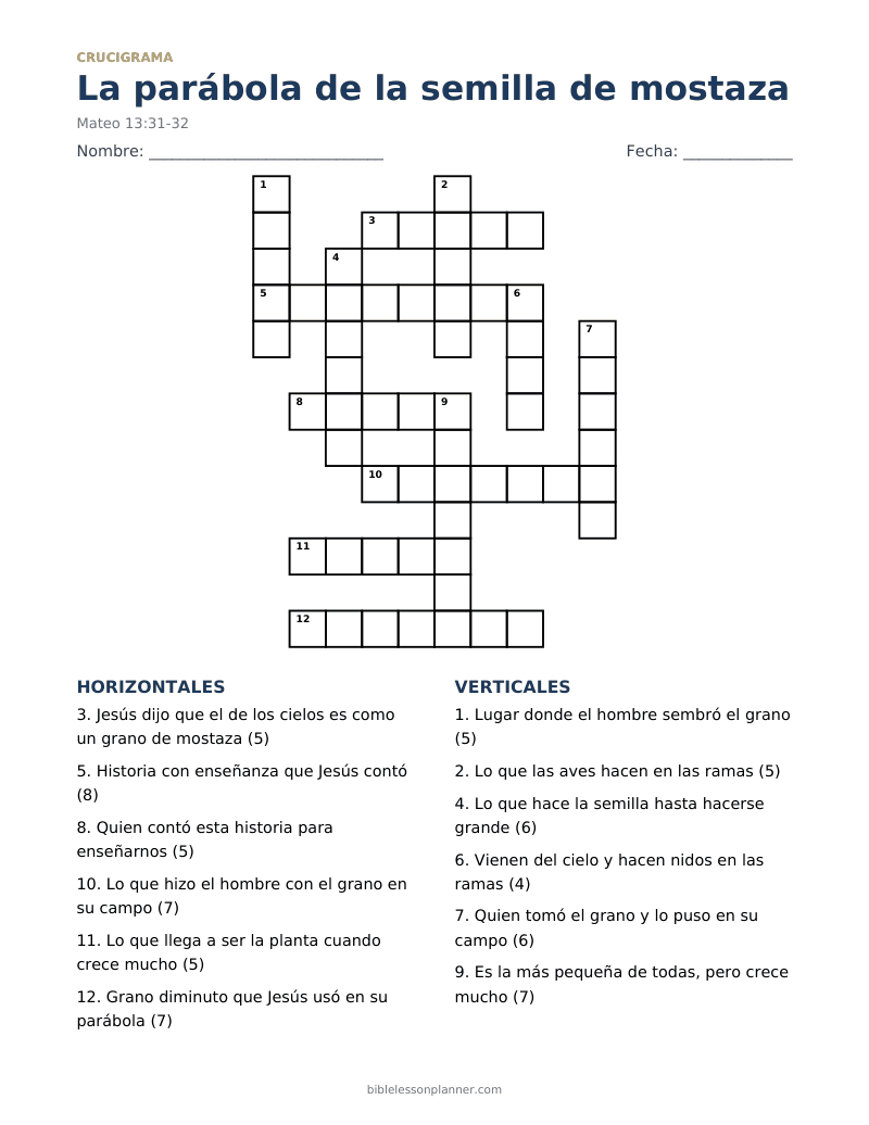 Crucigrama bíblico de la parábola de la semilla de mostaza, para imprimir, con pistas horizontales y verticales