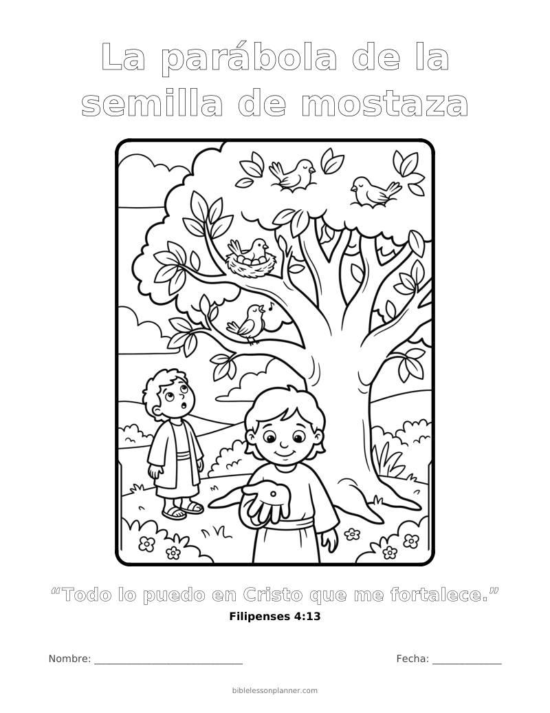 Dibujo para colorear de la parábola de la semilla de mostaza, para imprimir, con el versículo Filipenses 4:13