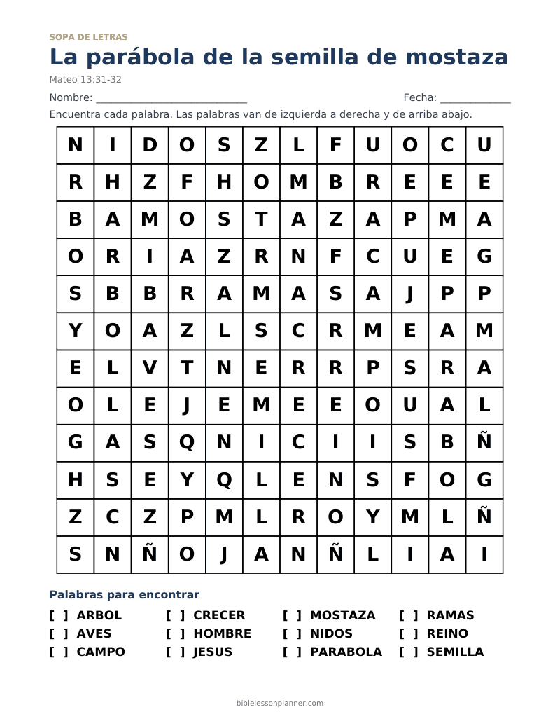 Sopa de letras bíblica de la parábola de la semilla de mostaza, para imprimir, con las palabras ARBOL, AVES, CAMPO y más