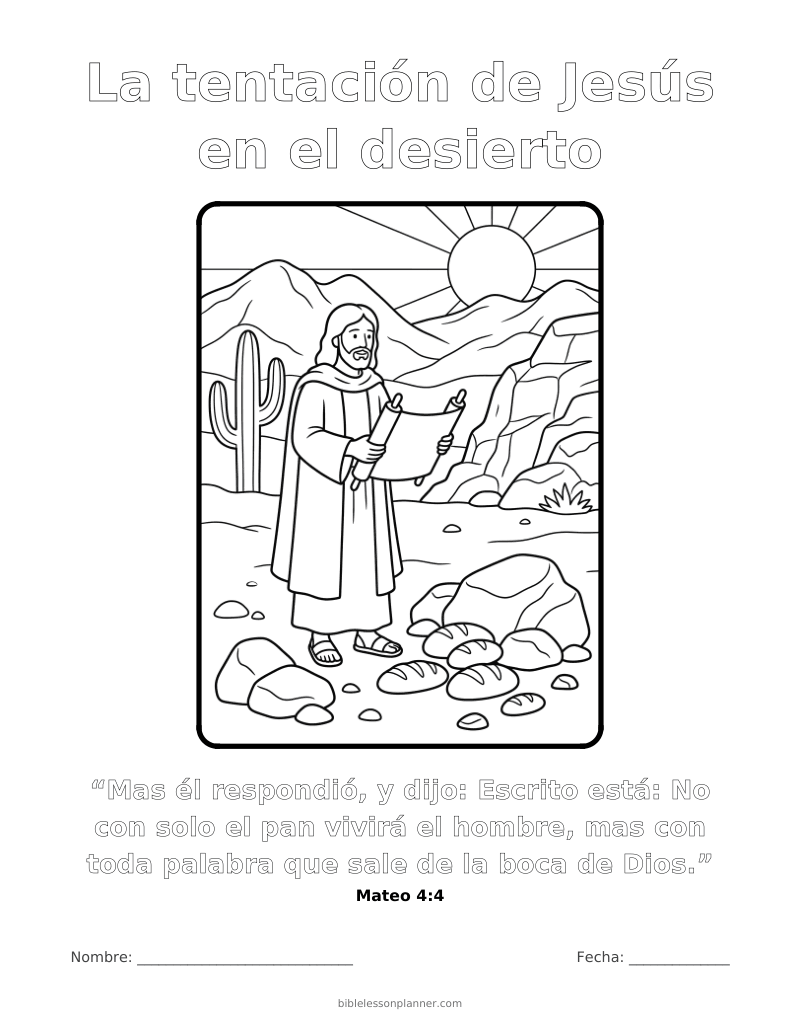 Dibujo para colorear de la tentación de Jesús en el desierto, para imprimir, con el versículo Mateo 4:4